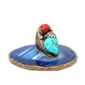 Large Vintage Old Pawn Navajo Sterling Silver Turquoise and Deep Red Coral Ring